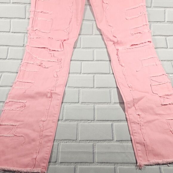 Women's Straight-leg Pants Embroidered Fashion I Stretch Patchwork Jeans Pink - Picture 4 of 12